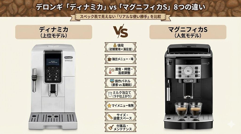 デロンギ「ディナミカ」と「マグニフィカS」の違いは8つ