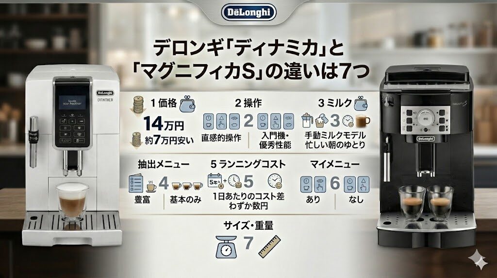 デロンギ「ディナミカ」と「マグニフィカS」の違いは7つ