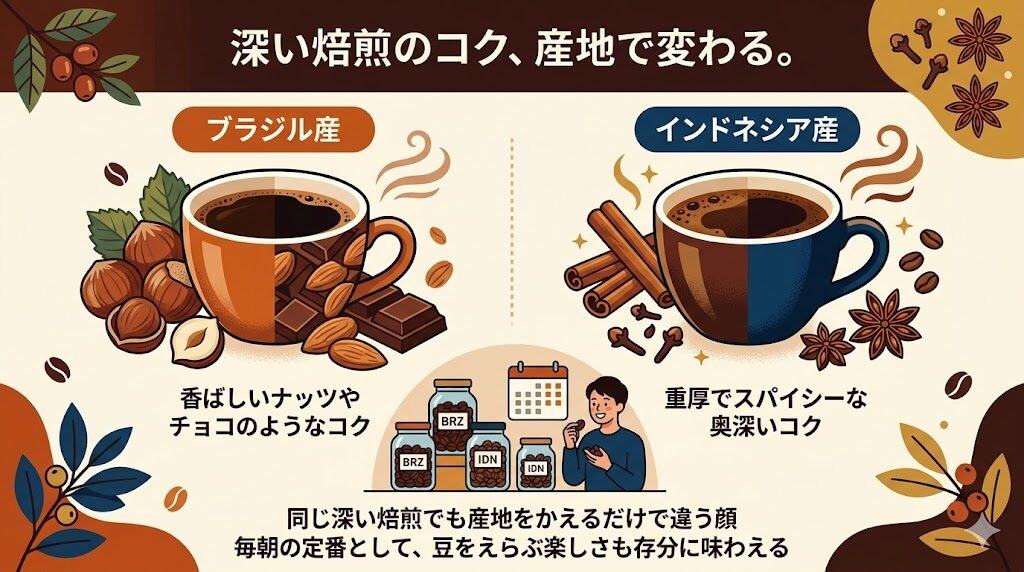 深い焙煎のコク、産地で変わる