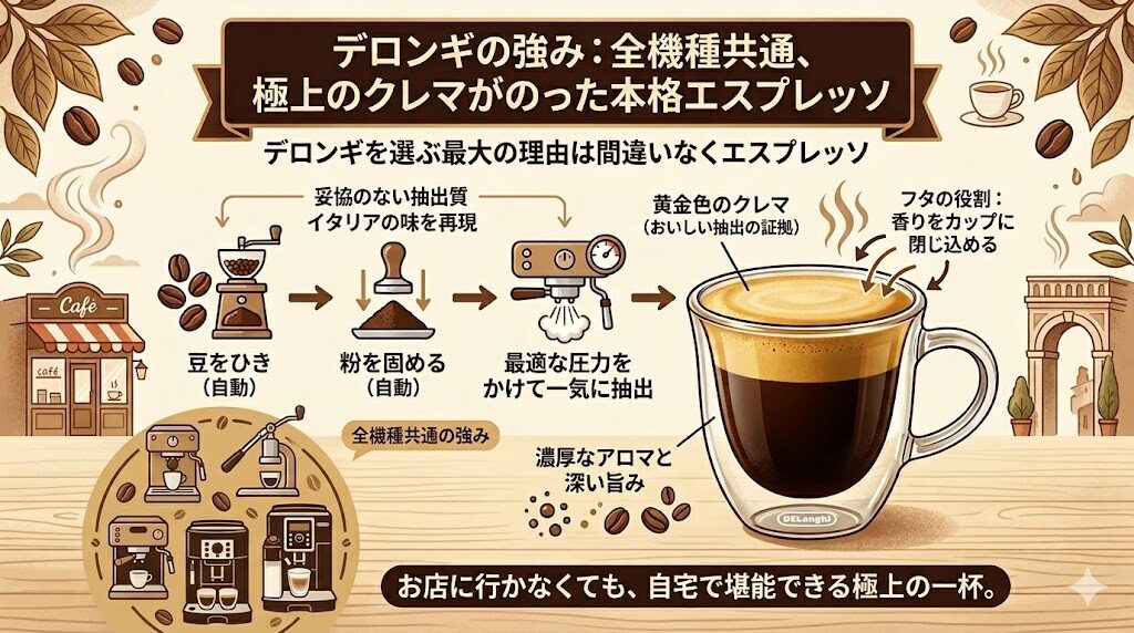 デロンギの強みである極上のクレマがのった本格エスプレッソは全機種共通