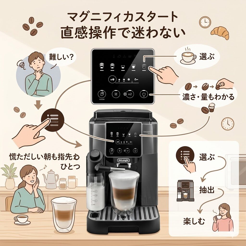 タッチパネルが直感的で迷わないため初めての全自動マシンでも安心