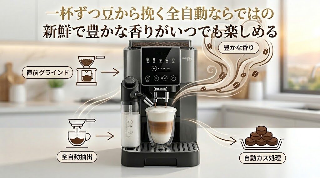 一杯ずつ豆から挽く全自動ならではの新鮮で豊かな香りがいつでも楽しめる
