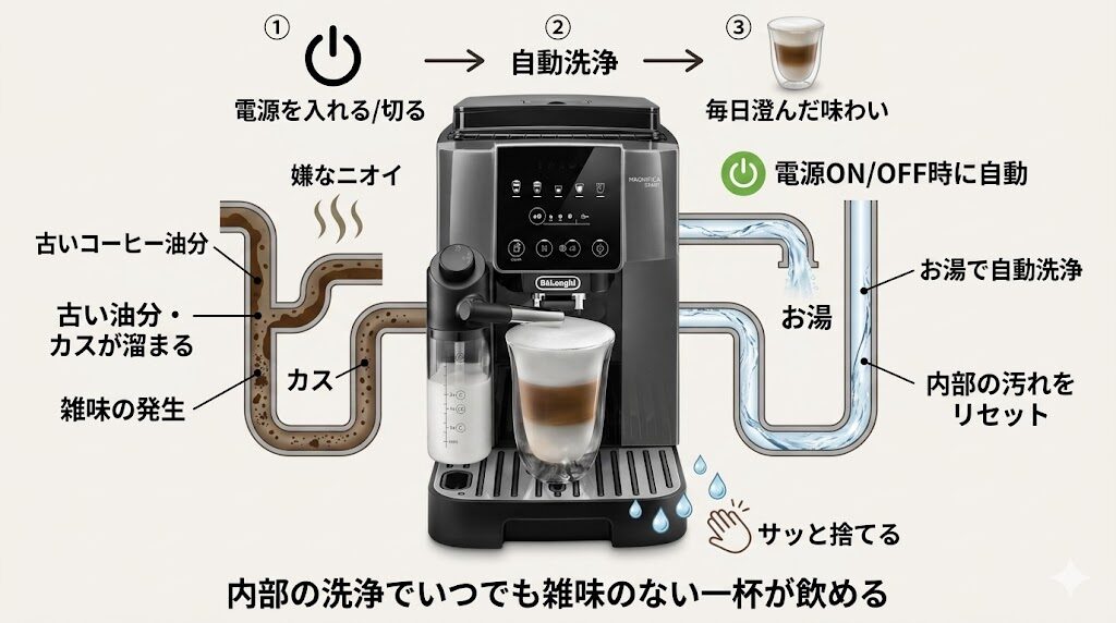 内部の洗浄が古い油分を洗い流すためいつでも雑味のない一杯が飲める