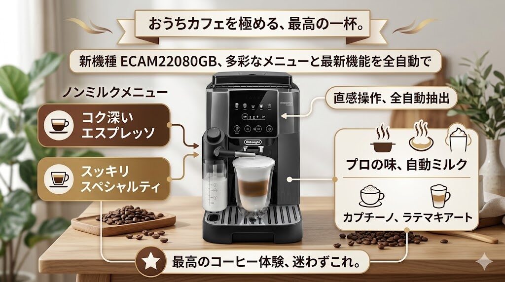 多彩な抽出メニューと最新機能を全自動で楽しむなら新機種のECAM22080GB