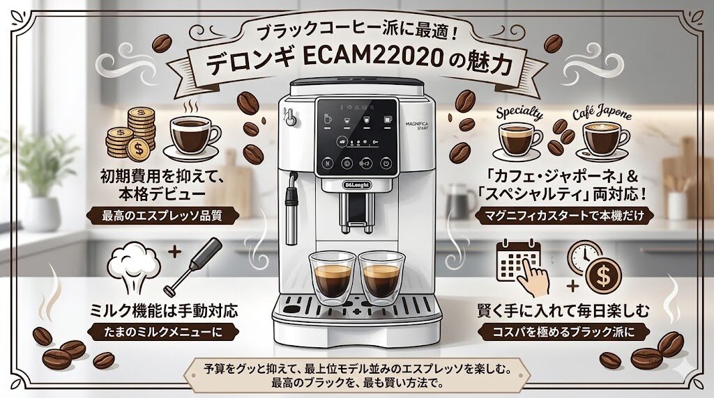 ブラック中心で費用を抑えコスパ良く本格派デビューするならエントリーモデルのECAM22020