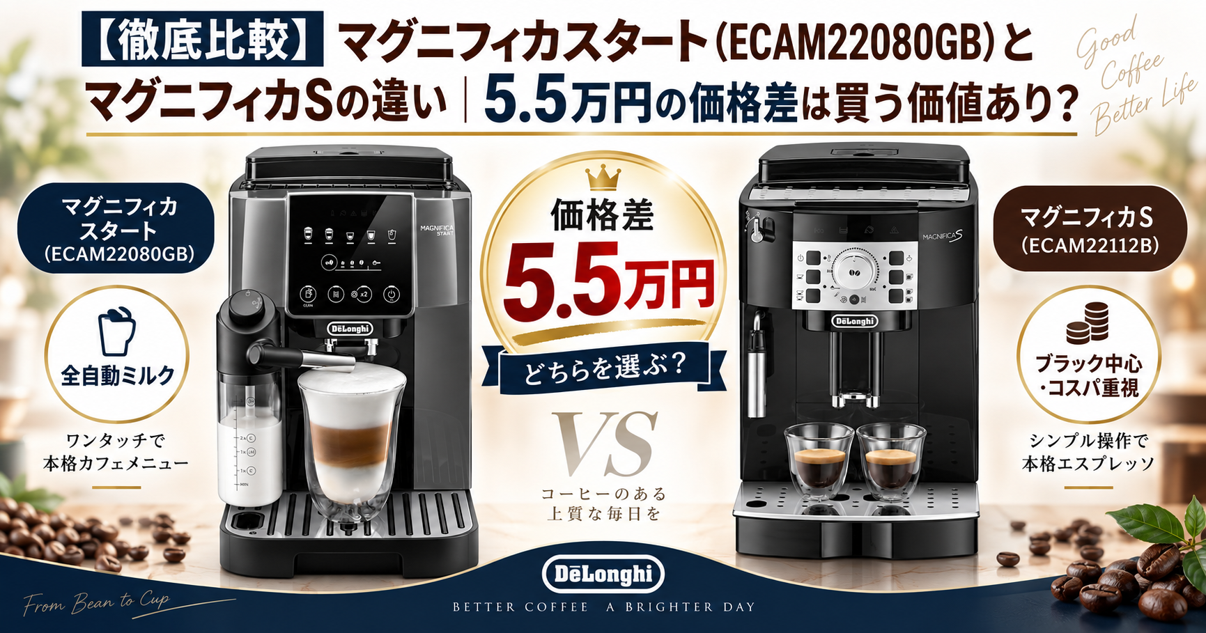 【徹底比較】マグニフィカスタート(ECAM22080GB)とマグニフィカSの違い|5.5万円の価格差は買う価値あり?